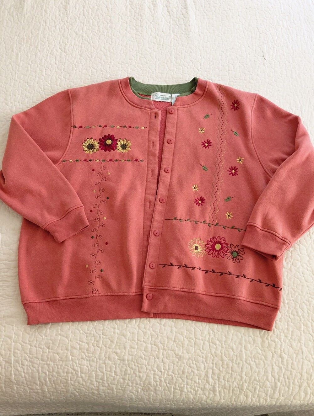 Vintage Embroidered Floral Orangey Coral Button-Front Jacket